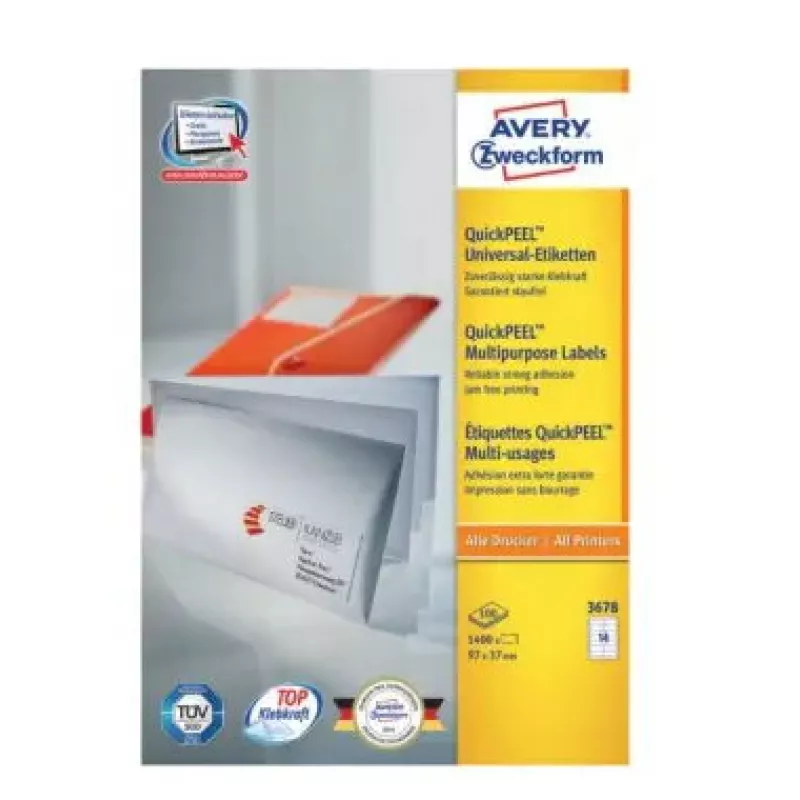 Pašlīmējošās adresācijas uzlīmes Avery Zweckform 3678 — balts papīrs, 9,7×3,7 cm, 1400 uzlīmes (100 loksnes)