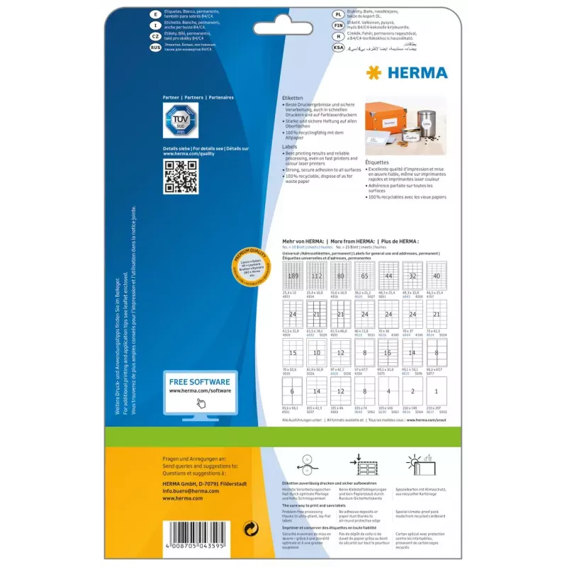 Pašlīmējošās printera uzlīmes HERMA Labels Premium A4 97x67,7 mm