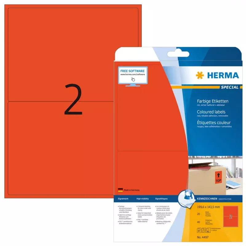Pašlīmējošas printera uzlīmes HERMA Krāsainās uzlīmes A4 199,6x143,5 mm sarkans papīrs matēts 40 gab.
