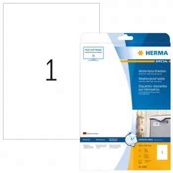 HERMA Inkjet etiķetes A4 210x297 mm balta matēta plēve, laikapstākļiem izturīga, 10 loksnes