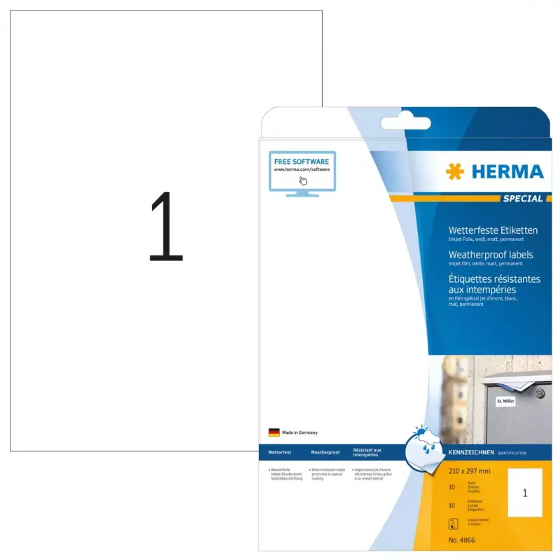 HERMA Inkjet etiķetes A4 210x297 mm balta matēta plēve, laikapstākļiem izturīga, 10 loksnes
