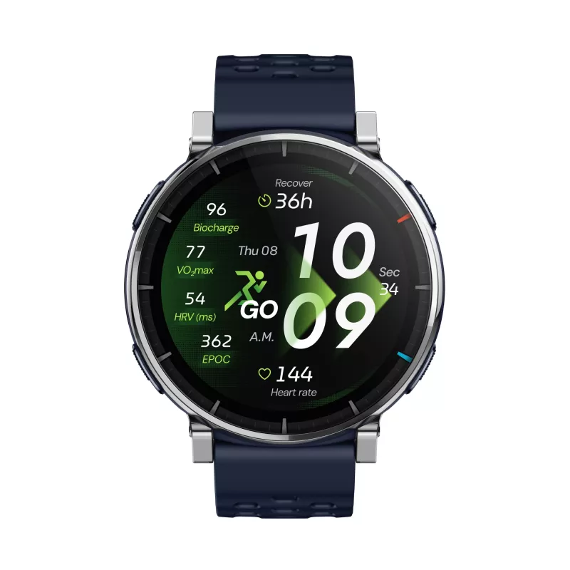 Viedpulkstenis Amazfit W2558GL2N — 1,32 collu (3,35 cm) AMOLED 466×466 px, GPS, 365 mAh, zila silikona siksniņa