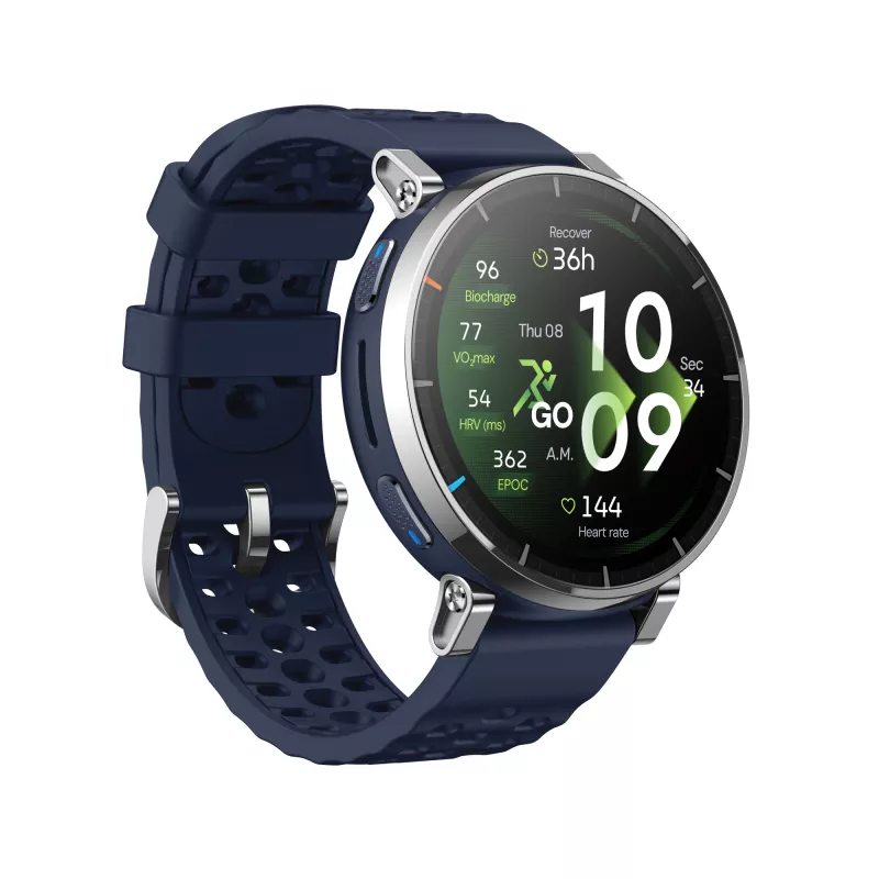Viedpulkstenis Amazfit W2558GL2N — 1,32 collu (3,35 cm) AMOLED 466×466 px, GPS, 365 mAh, zila silikona siksniņa