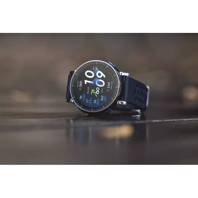Viedpulkstenis Amazfit W2558GL2N — 1,32 collu (3,35 cm) AMOLED 466×466 px, GPS, 365 mAh, zila silikona siksniņa