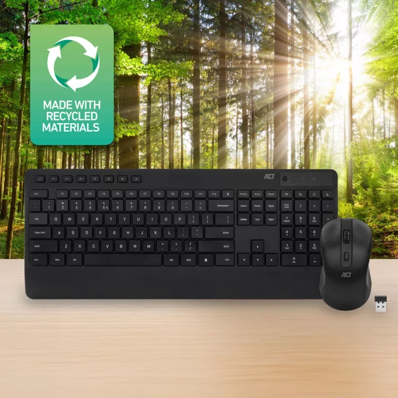 ACT Bezvadu tastatūras un peles komplekts Qwerty, klusie taustiņi, videi draudzīgs, no pārstrādātiem materiāliem