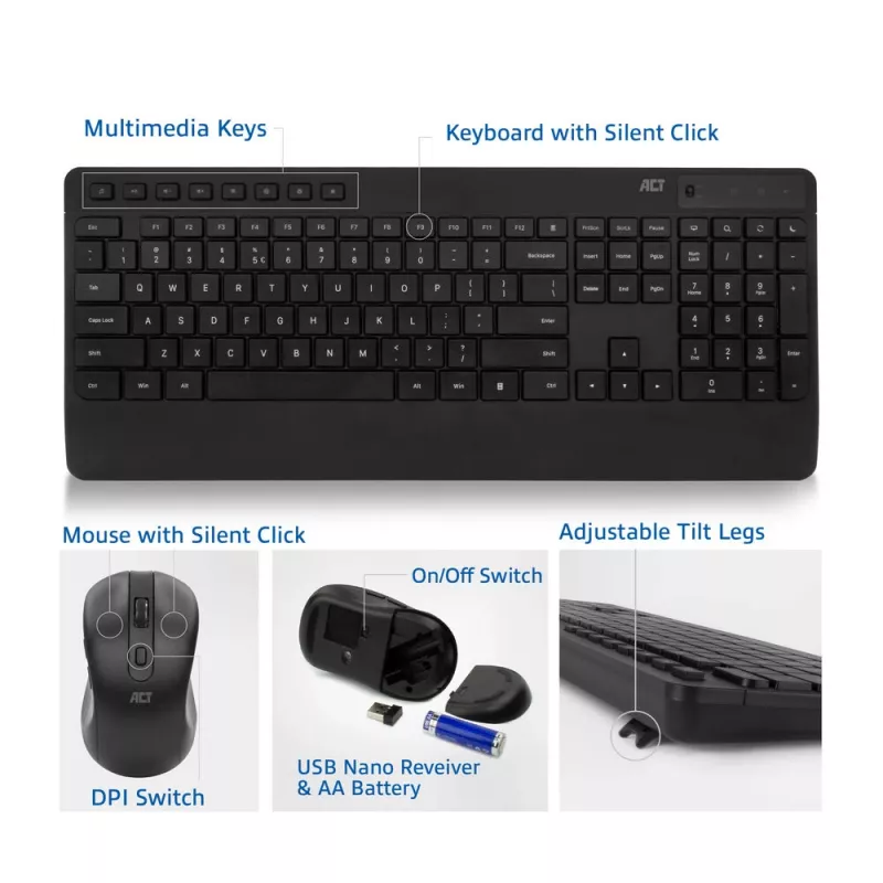 ACT Bezvadu tastatūras un peles komplekts Qwerty, klusie taustiņi, videi draudzīgs, no pārstrādātiem materiāliem