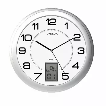 Sienas/galda pulkstenis Unilux 100340853 — Kvarca, apaļš, metālisks sudrabs, Ø 31 cm, baterija AA/AAA