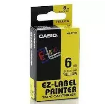 Lentes kasete CASIO XR-6YW1 — 6 mm x 8 m, melns teksts uz dzeltena fona, melna kasete