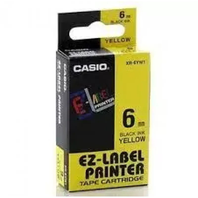 Lentes kasete CASIO XR-6YW1 — 6 mm x 8 m, melns teksts uz dzeltena fona, melna kasete