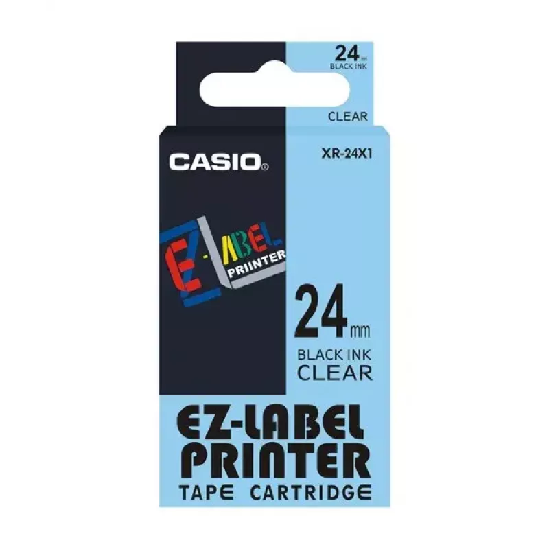 Lentes kasete CASIO XR-24X1 — melns uz caurspīdīgas, 24 mm × 8 m