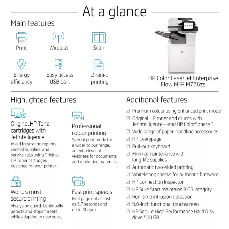 HP Color LaserJet Enterprise Flow MFP M776zs, Lāzerkrāsa, 1200 x 1200 DPI, A3, Tiešā druka, Melns, Balts