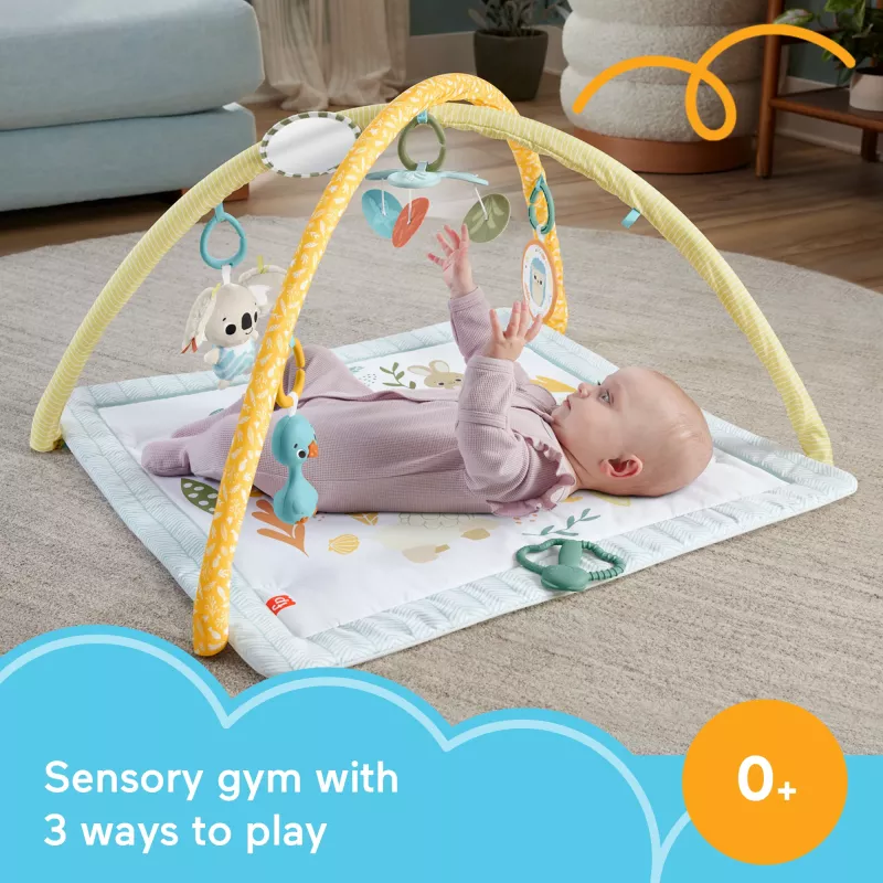 Fisher-Price Sensimals Simply Senses Newborn Gym mazuļa aktivitāšu paklājiņš ar 6 sensorajām rotaļlietām