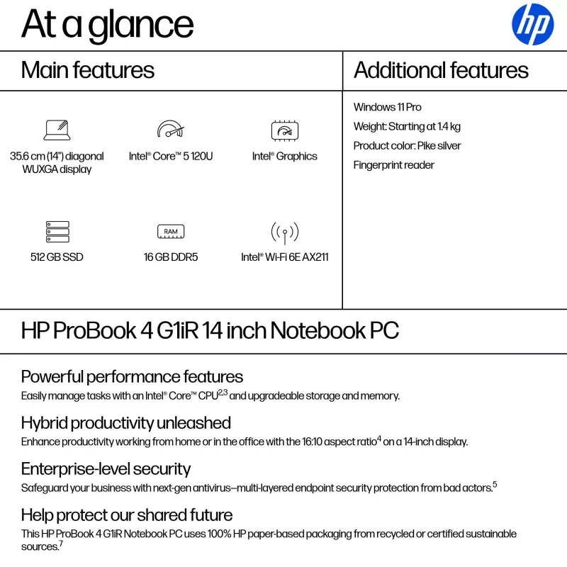 HP ProBook 4 G1iR Intel Core 5 120U klēpjdators 35,6 cm (14 collu) WUXGA 16 GB DDR5-SDRAM Wi-Fi 6E (802.11ax) Windows 11 Pro Sudrabs