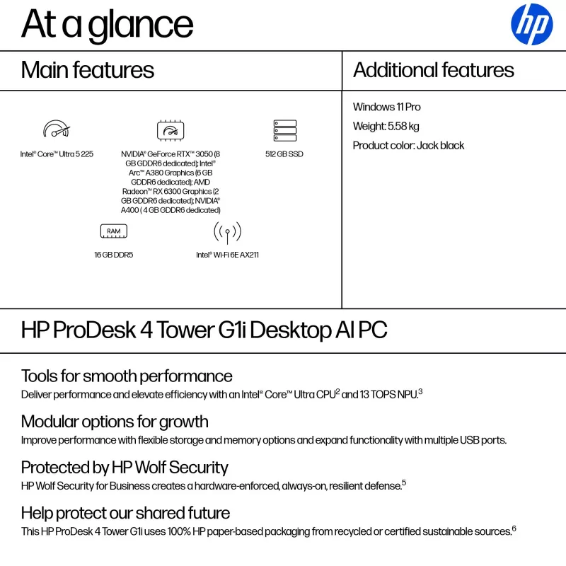 HP ProDesk 4 Tower G1i darbvirsmas AI dators Intel Core Ultra 5 225 16 GB DDR5-SDRAM Windows 11 Pro