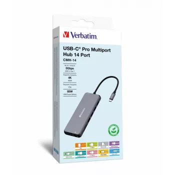 Verbatim CMH-14 USB Type-C 14 portu centrmezgls 5000 Mbit/s Sudrabs