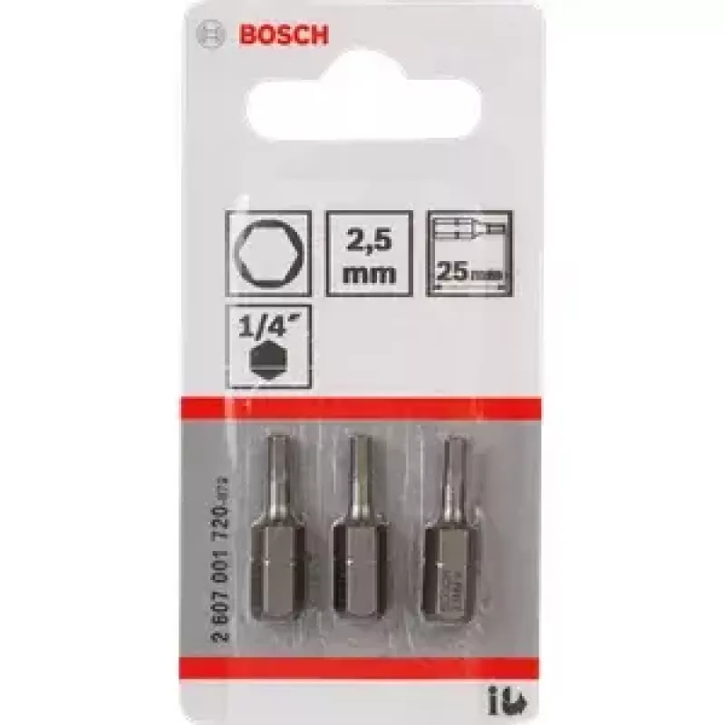 Bosch 3 gab. drošības sešstūra uzgriežņu atslēgu komplekts 2,5 mm, 25 mm garums, 1/4 collu kāts