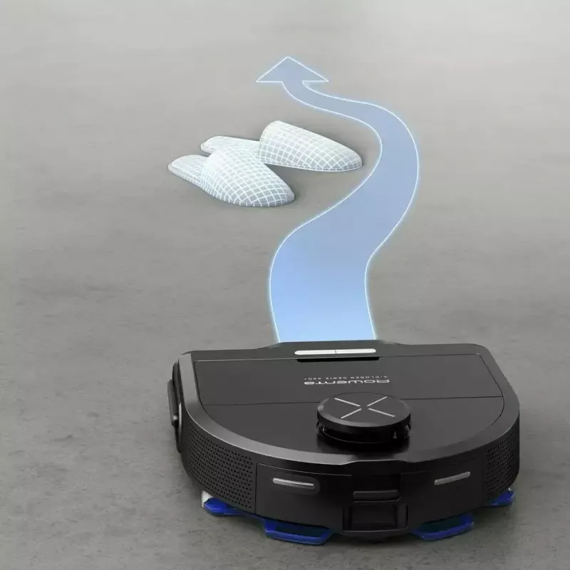 Robots putekļsūcējs Rowenta X‑Plorer RR9465WH — bezmaiss D‑forma, 0,35 L tvertne, 120 min darbība, Li‑Ion, 97×325×335 mm, melns