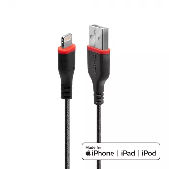 Lindy 1m Armēts USB Type A uz Lightning Kabelis, 1 m, Lightning, USB A, Vīrišķais, Vīrišķais, Melns