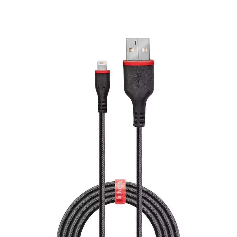 Lindy 1m Armēts USB Type A uz Lightning Kabelis, 1 m, Lightning, USB A, Vīrišķais, Vīrišķais, Melns