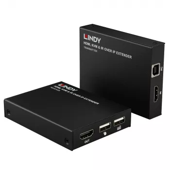 Lindy HDMI, KVM & IR over IP pagarinātājs, raidītājs un uztvērējs, vadu, 150 m, Cat5e, Cat6, melns, metāls