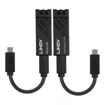 Lindy 100m optiskās šķiedras USB 3.2 Type C pagarinātājs, tīkla raidītājs un uztvērējs, 100 m, 10000 Mbit/s, Šķiedra, USB 3.2 Gen 1 (3.1 Gen 1) Type-C, Melns