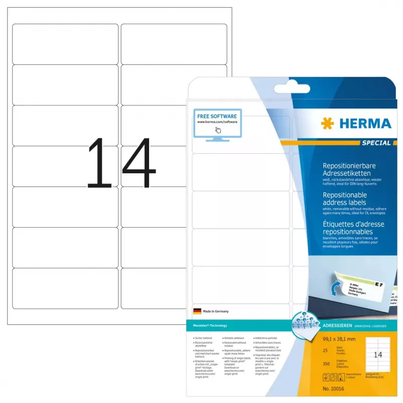 HERMA pārvietojamās adrešu etiķetes 99.1x38.1 mm balta 350 gab.