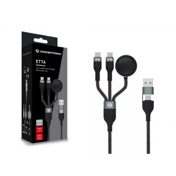 Conceptronic ETTA08B15 USB A uz 2× USB-C 3-in-1 ātrās uzlādes un datu kabelis — 1,5 m, USB 2.0, 5A, Apple Watch lādētājs, 100W E-Mark