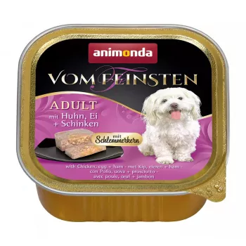 Slapjā suņu barība animonda Vom Feinsten Gourmet Core — Vistas gaļa, ola un šķiņķis, 150 g trauciņš, bezgraudu, pieaugušiem mazo šķirņu suņiem (5–10 kg)