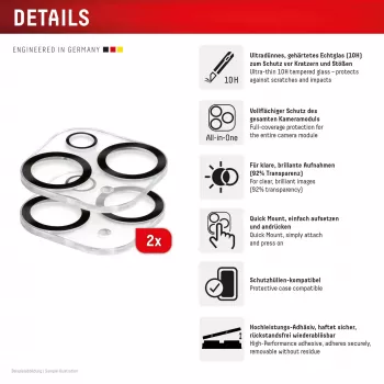 Displex Full Cover Camera Lens Glass iPhone 15/15 Plus, 10H, Pilns Kameras Aizsargs, Quick Mount, 2-Pack