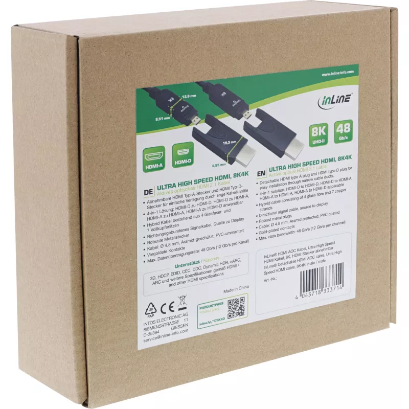 InLine HDMI AOC kabelis, Ultra High Speed HDMI, 8K4K, atdalāms spraudnis, 20m