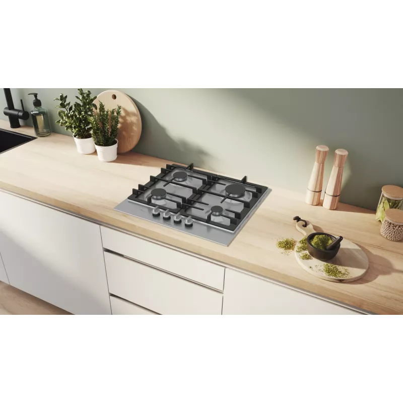 Bosch Serie 6 PCP6A5I90 gāzes plīts virsma, nerūsējošais tērauds, iebūvējama, 60 cm, 4 zonas