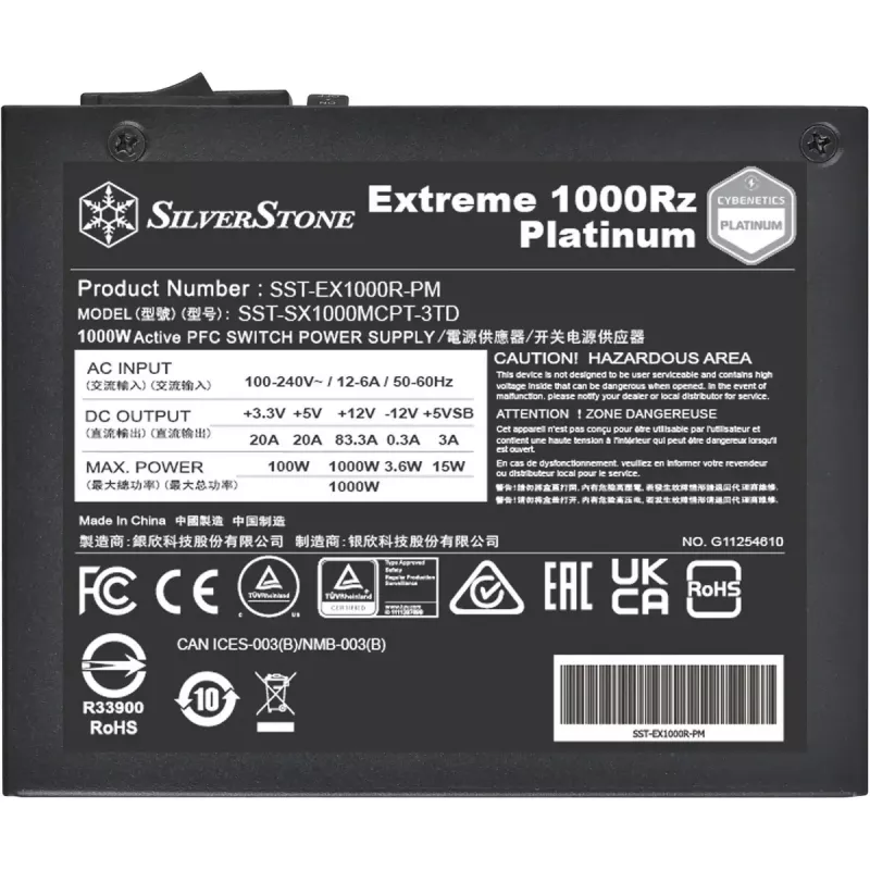 Silverstone Extreme 1000Rz Platinum (melns, 1000 W, pilnībā modulārs, SFX, ATX 3.1/PCIe 5.1, 12V-2x6)