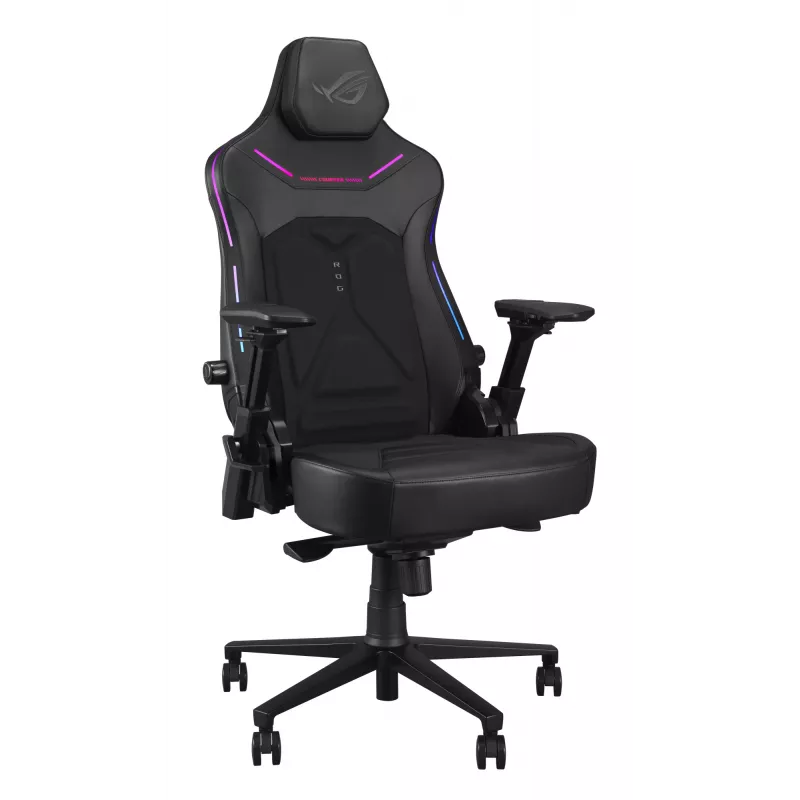 Universāla spēļu krēsls ASUS ROG Courser — polsterēts sēdeklis, maks. svars 136 kg, sēdeklis 670×700 mm, min. augstums 140 cm, melns