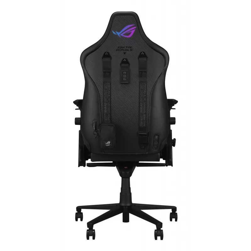 Universāla spēļu krēsls ASUS ROG Courser — polsterēts sēdeklis, maks. svars 136 kg, sēdeklis 670×700 mm, min. augstums 140 cm, melns