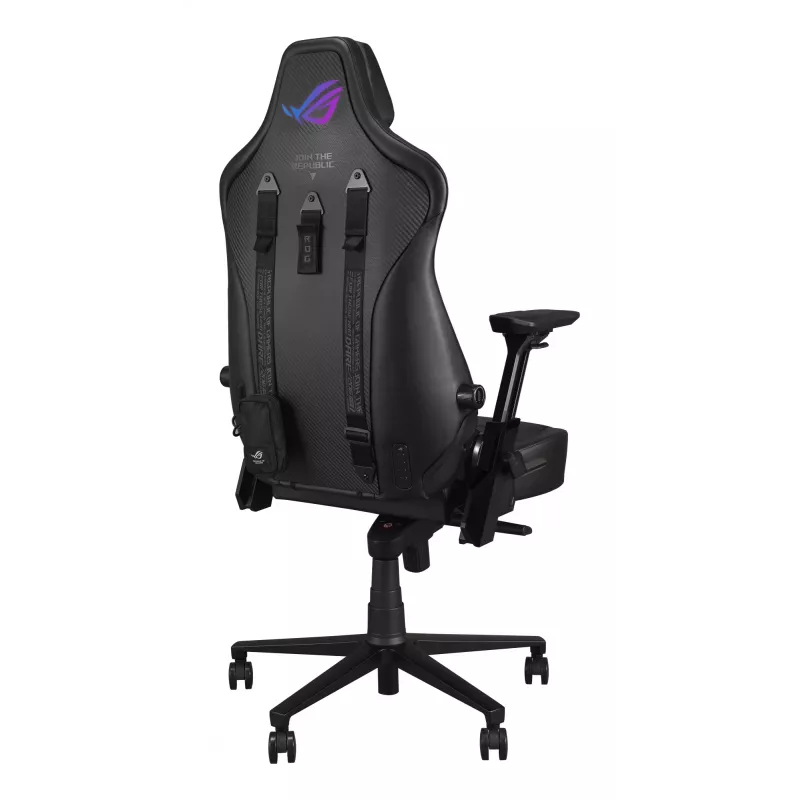 Universāla spēļu krēsls ASUS ROG Courser — polsterēts sēdeklis, maks. svars 136 kg, sēdeklis 670×700 mm, min. augstums 140 cm, melns