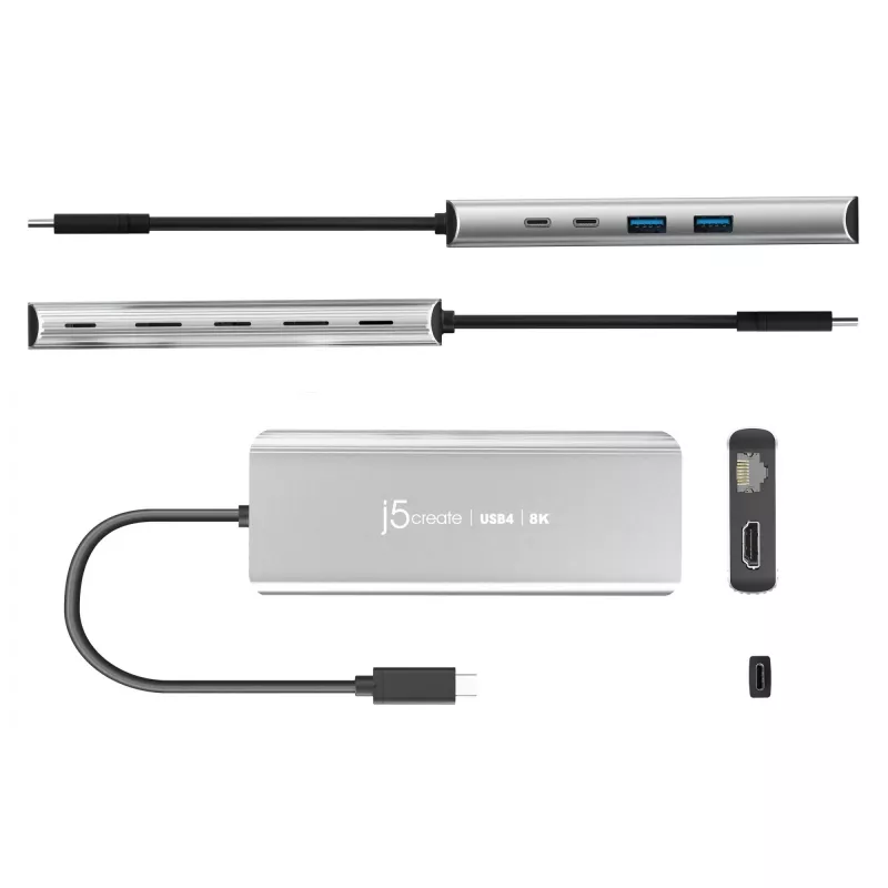 j5create JCD403 USB4 8K daudzportu centrmezgls USB Type-C HDMI RJ-45