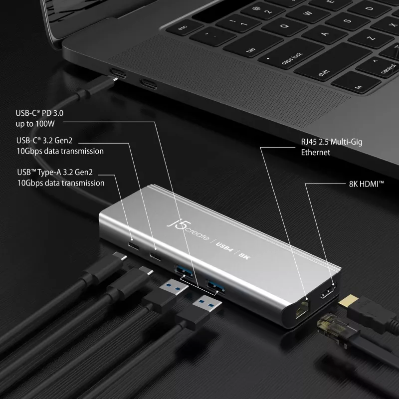 j5create JCD403 USB4 8K daudzportu centrmezgls USB Type-C HDMI RJ-45