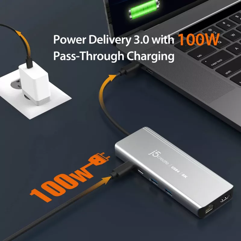 j5create JCD403 USB4 8K daudzportu centrmezgls USB Type-C HDMI RJ-45