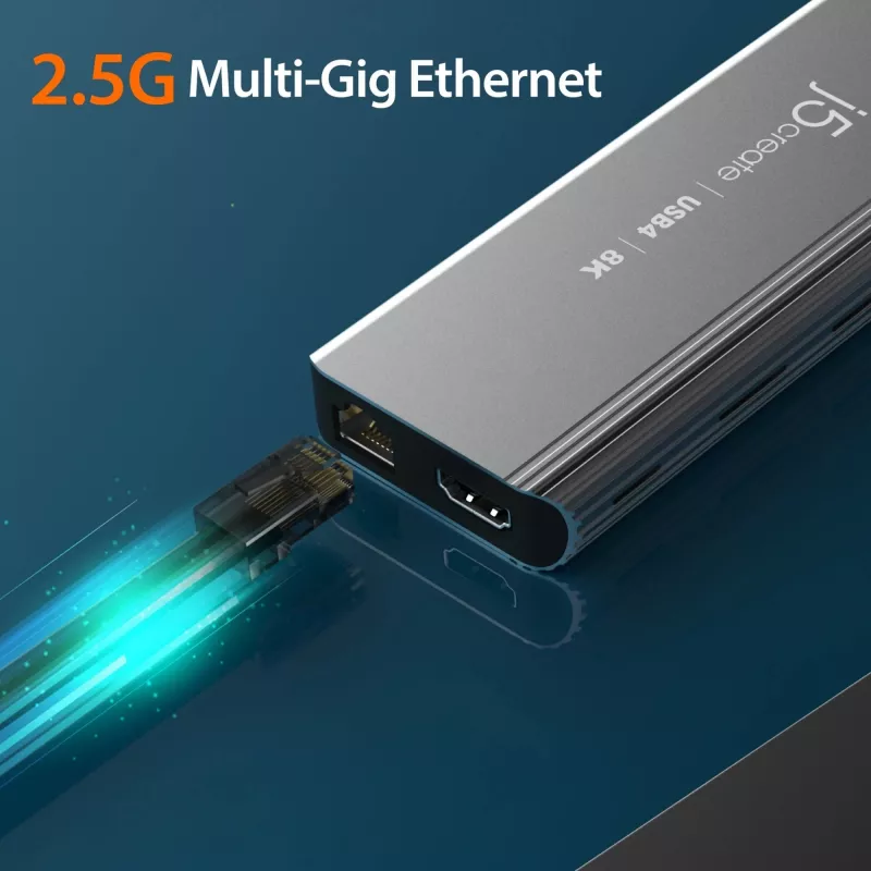 j5create JCD403 USB4 8K daudzportu centrmezgls USB Type-C HDMI RJ-45