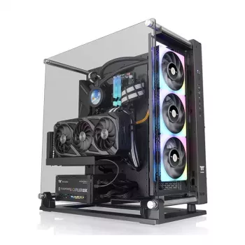 PC korpuss THERMALTAKE Core P3 TG Pro Midi Tower Melns — ATX/EATX, rūdīts stikls, GPU līdz 45 cm, CPU dzesētājs 18 cm