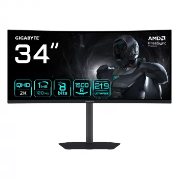 GIGABYTE GS34WQCA 34 collu WQHD izliekts spēļu monitors - 3440 x 1440, 1500R, 120Hz, 1ms, 300 cd/m², FreeSync Premium, HDR Ready, HDMI 2.0, Displayport 1.4