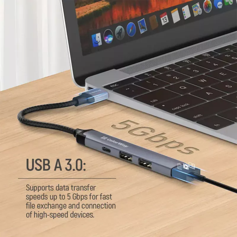 Docking stacija ColorWay CW-HUB05, 4-in-1 USB-C centrmezgls ar HDMI un Ethernet