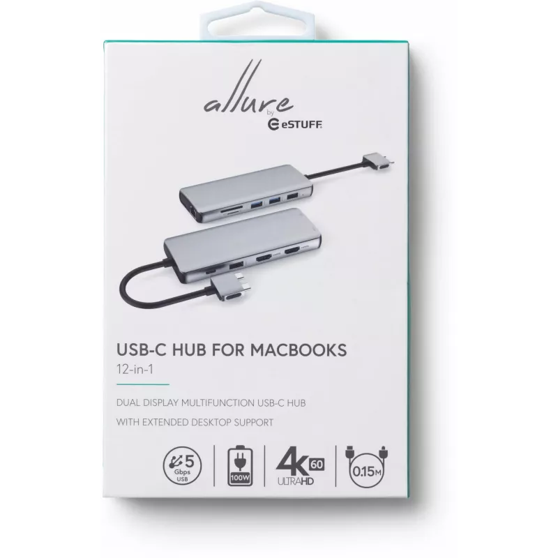 eSTUFF ES623010 12-in-1 USB-C centrmezgls 5000 Mbit/s alumīnijs