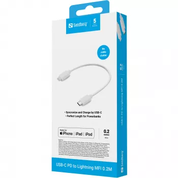 Sandberg USB-C PD uz Lightning MFI 0.2M, 0.2 m, Lightning, USB C, vīriešu, vīriešu, balts