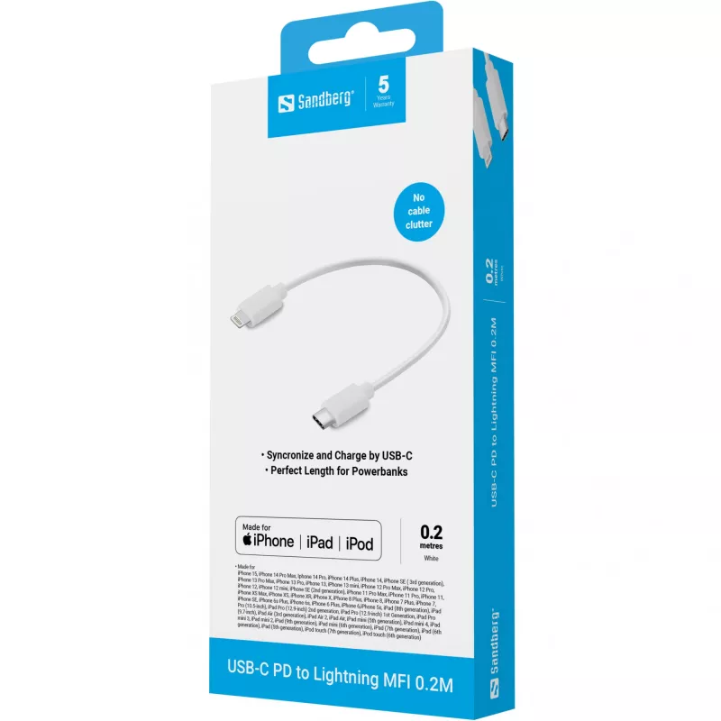 Sandberg USB-C PD uz Lightning MFI 0.2M, 0.2 m, Lightning, USB C, vīriešu, vīriešu, balts