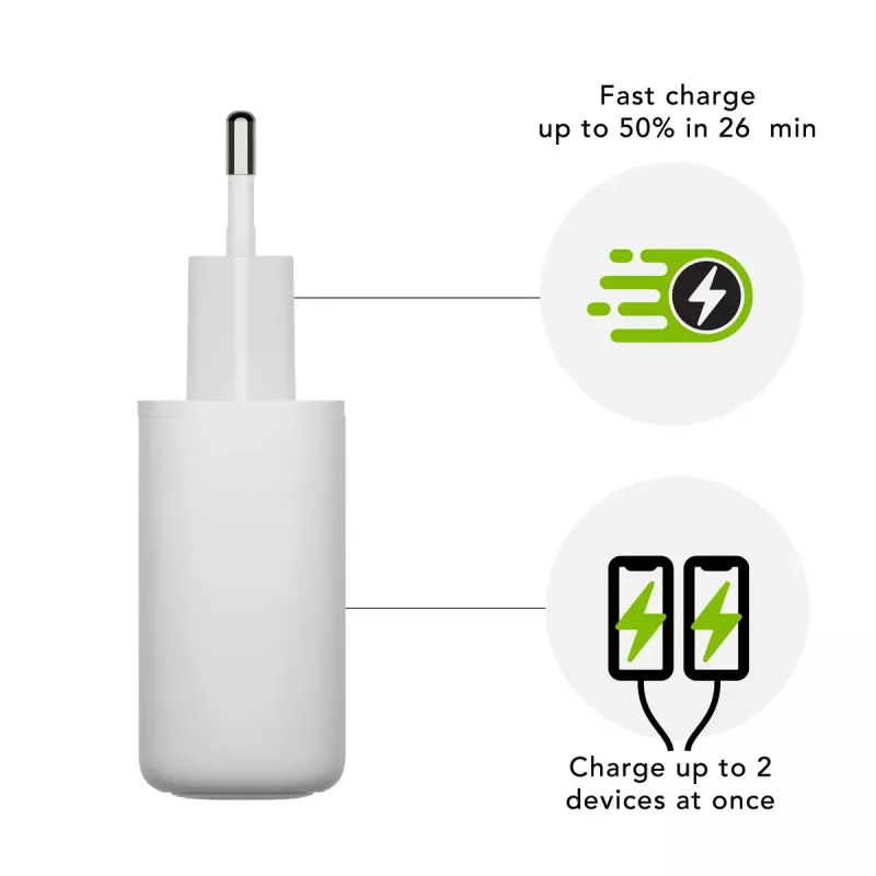 Sienas lādētājs d bramante re-charge Pro — 2× USB-C 25W, 110–240V, Balts