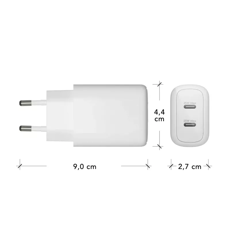 Sienas lādētājs d bramante re-charge Pro — 2× USB-C 25W, 110–240V, Balts
