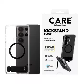 PanzerGlass CARE™ Urban Explorer Macītis Samsung Galaxy S26 Ultra — Caurspīdīgs vāciņš ar melnu statīvu un Qi atbalstu