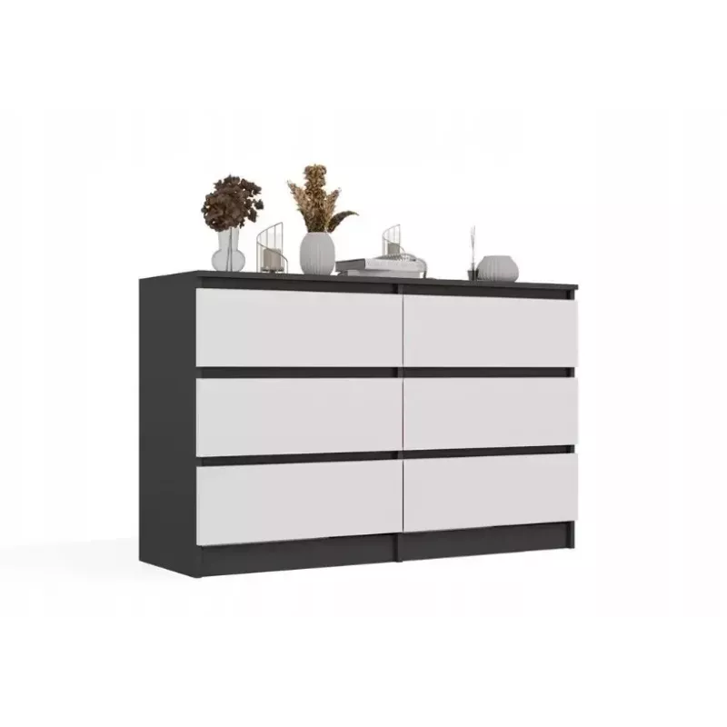 Kumode Top E Shop MALWA M6 120 cm, 6 atvilktnes, antracīta rāmis, baltas fasādes