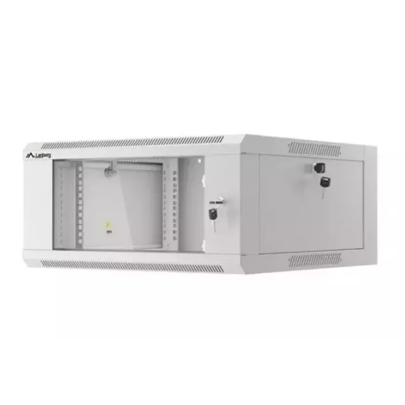 Sienas 19 collu 4U tīkla skapis LANBERG WAFA-5604-10S, 600 mm dziļums, pelēks, stikla durvis (salocīts)